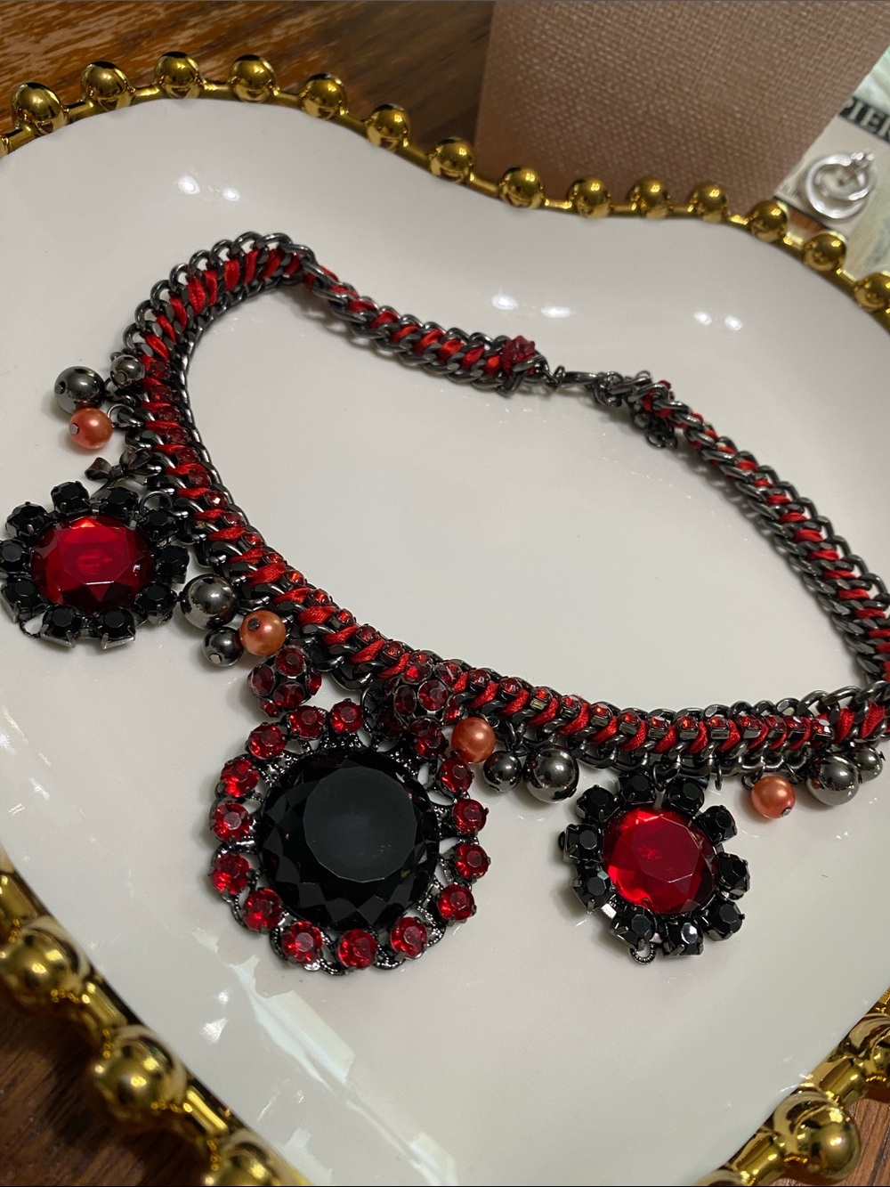 Red Crystal Statement Necklace on Gunmetal Chain - Picture 5 of 5
